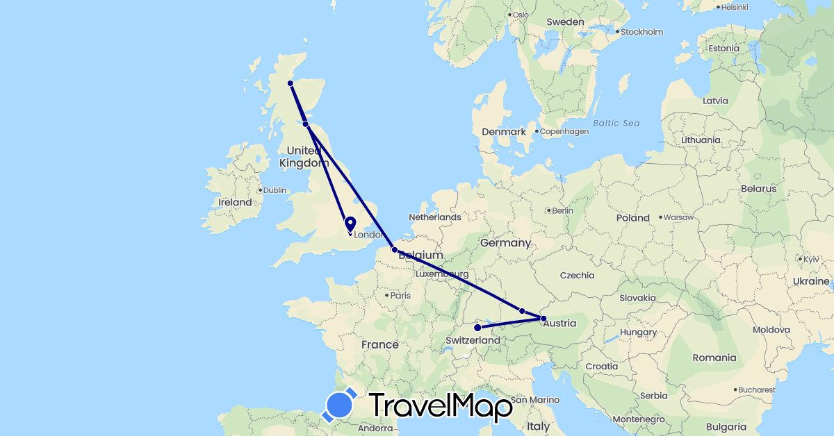 TravelMap itinerary: driving in Austria, Belgium, Switzerland, Germany, United Kingdom (Europe)